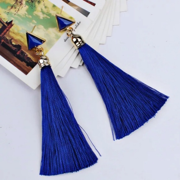 Blue Boho Long Triangle Tassel Drop Earrings - Picture 2 of 5
